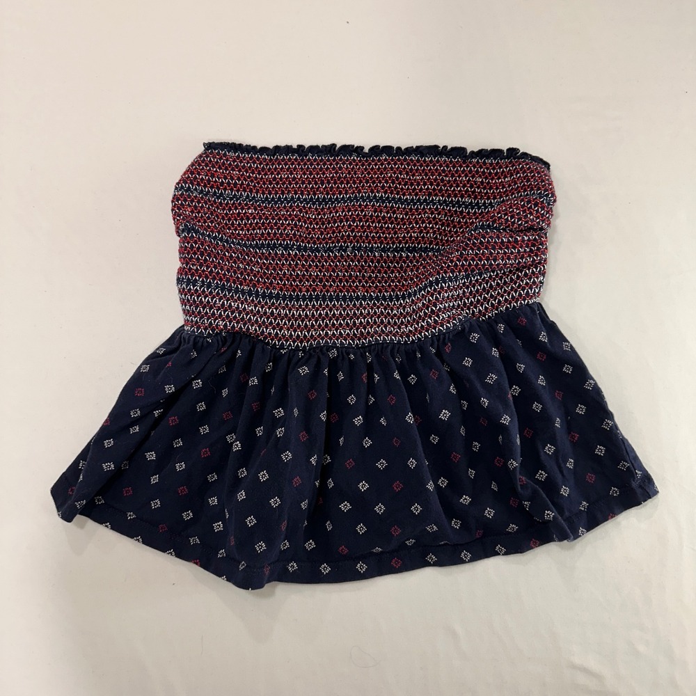 Arizona Jean Co Smocked Peplum Tube Top Womens Large Navy Blue Print Boho Summer